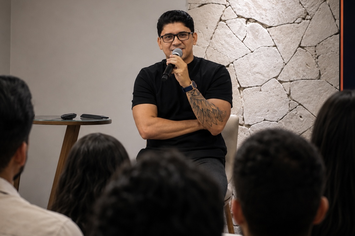 Raul Cruz conversando ao microfone com participantes de um encontro presencial.
